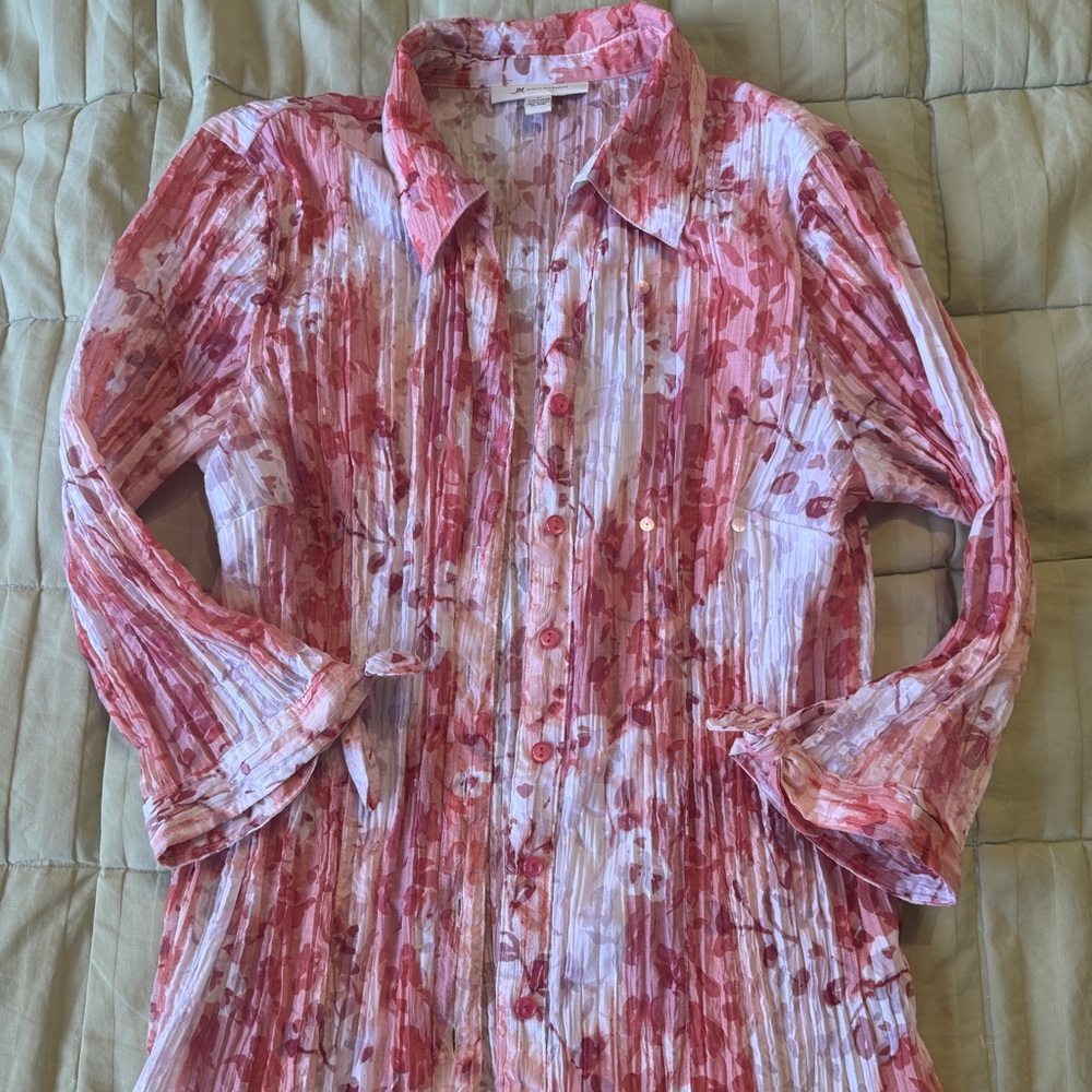 Coral and White Floral Button-Up Blouse
